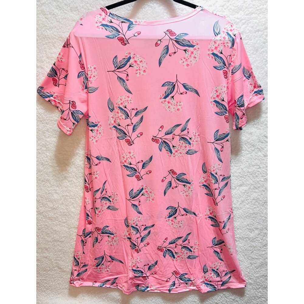 Misses Large Pink Gray Floral Short Sleeve Soft Stretch Casual Tee Shirt Dress - Picture 2 of 6